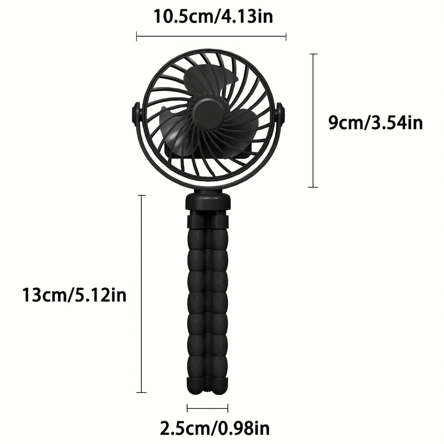 Measurements for USB Rechargeable 3-Speed Fan with Tripod Octopus Legs