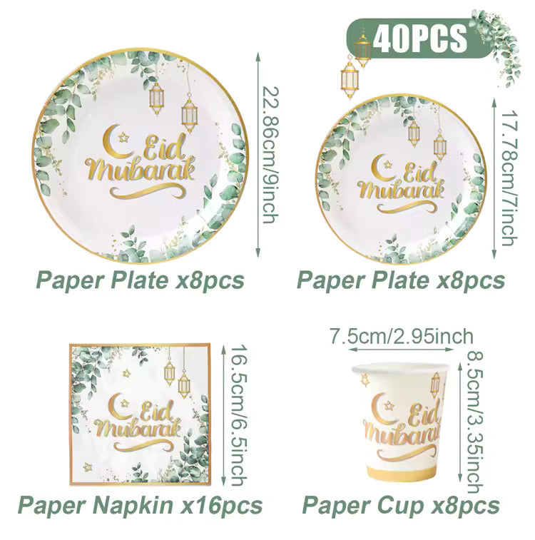 Eid Mubarak Tableware Set – 40pc Eid Mubarak Party Decoration for Home