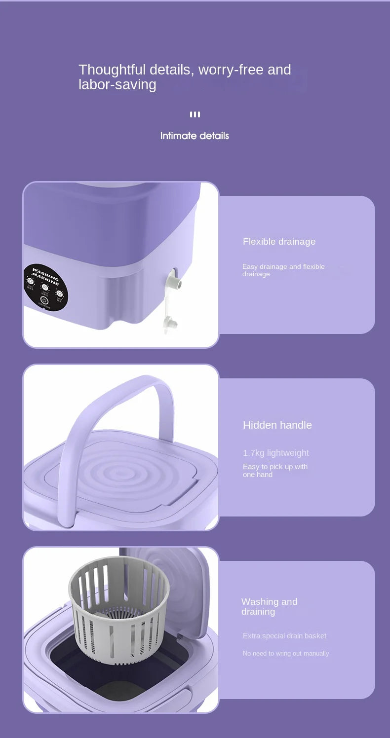 8L Portable Folding Washing Machine, Automatic Laundry, Purple