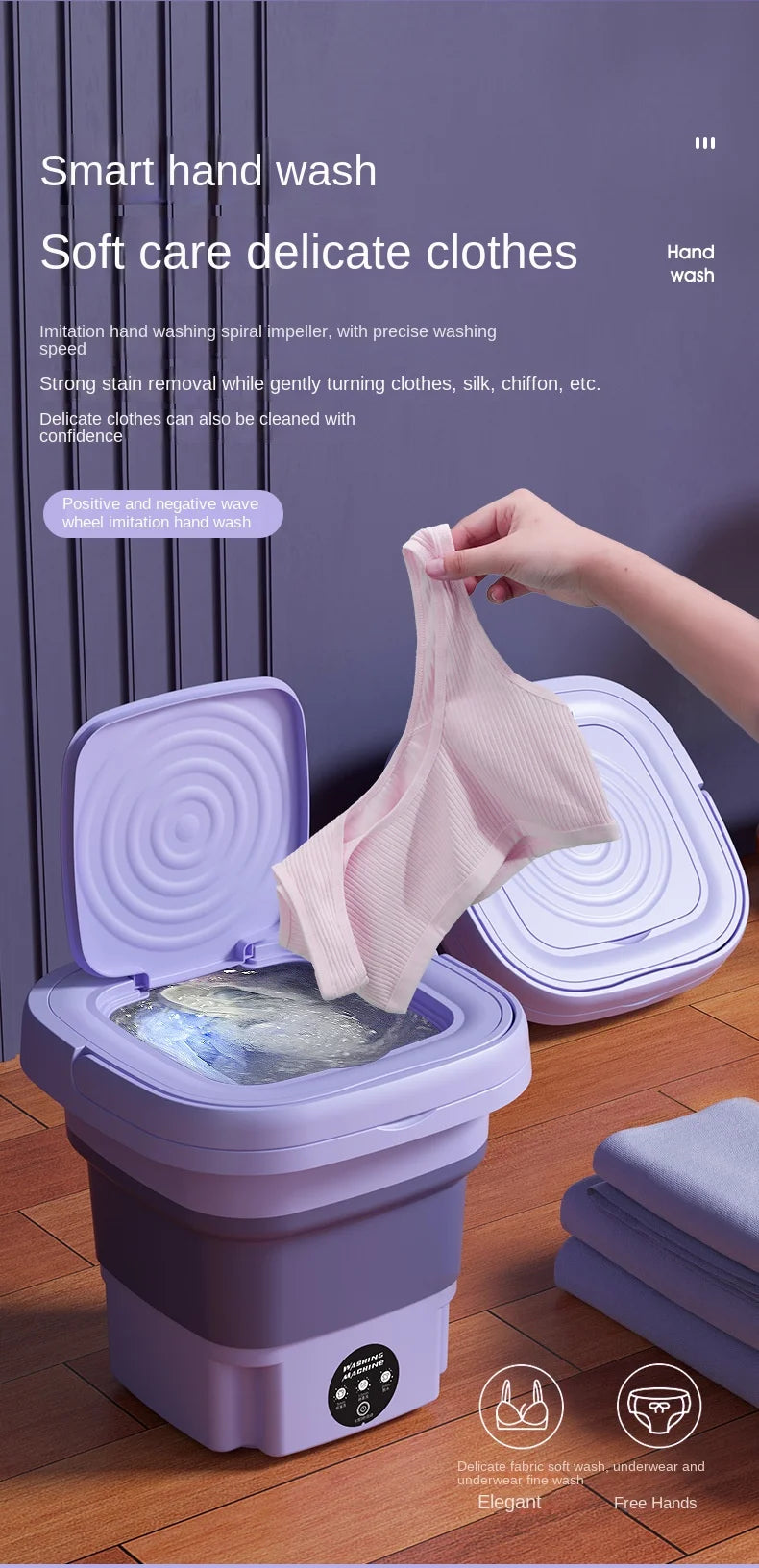 8L Portable Folding Washing Machine, Automatic Laundry, Purple