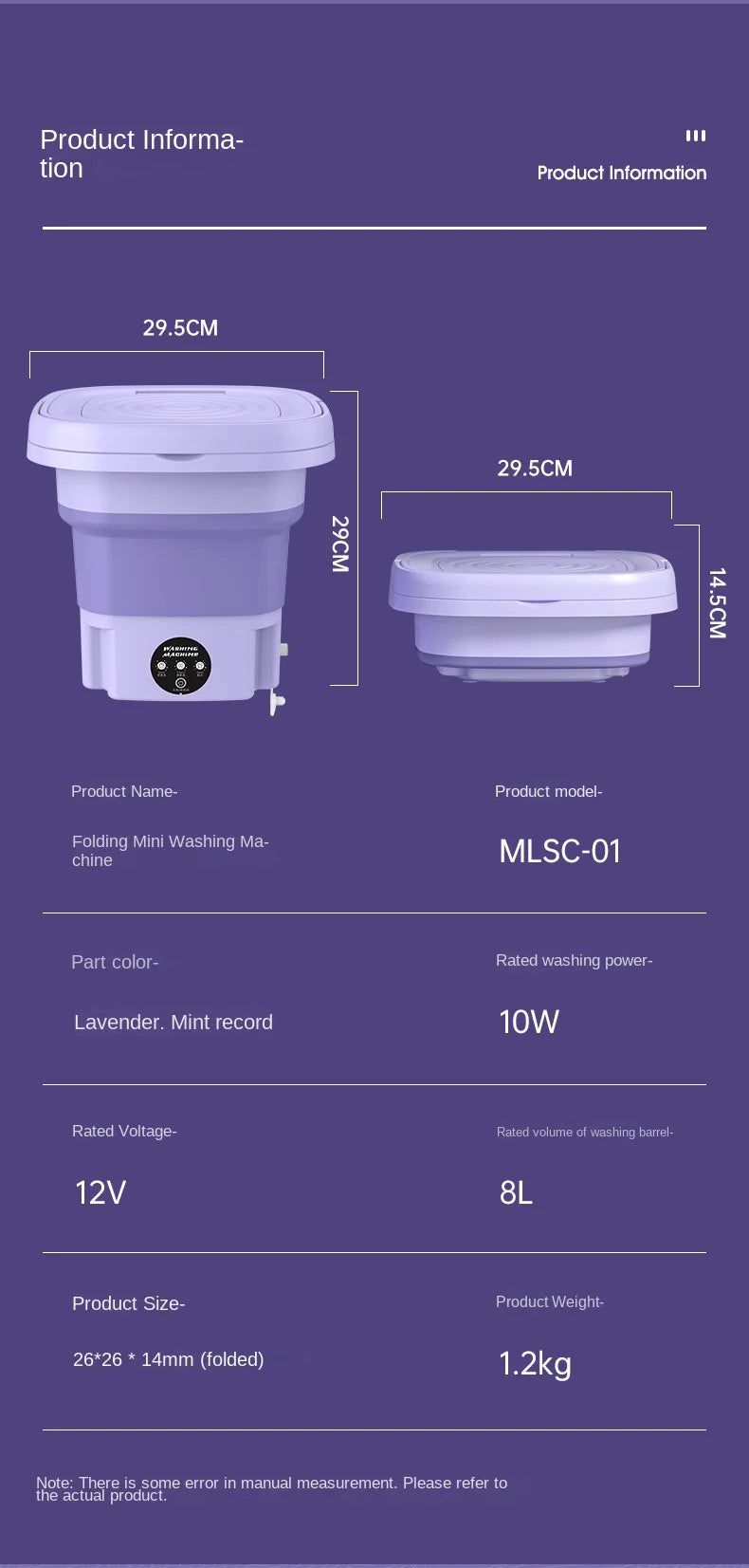 8L Portable Folding Washing Machine, Automatic Laundry, Purple