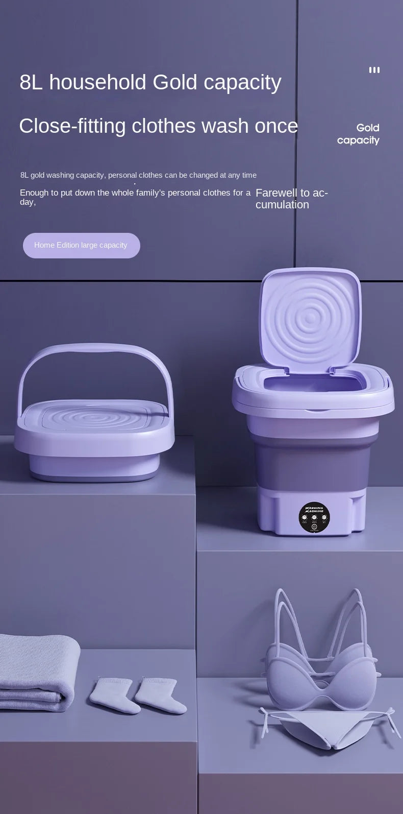 8L Portable Folding Washing Machine, Automatic Laundry, Purple