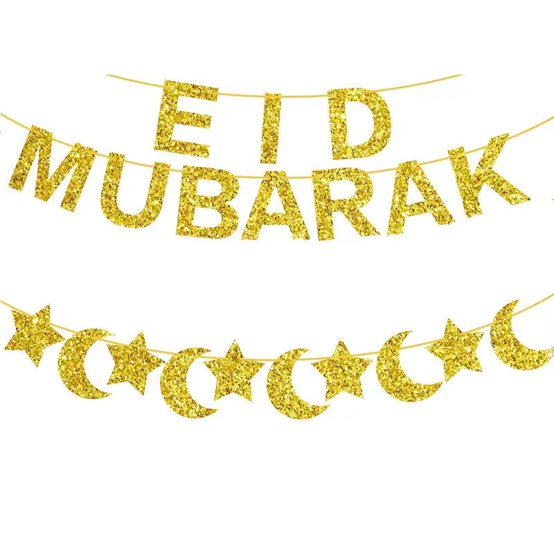Eid Mubarak Gold Glitter Banner, Moon and Star Decor