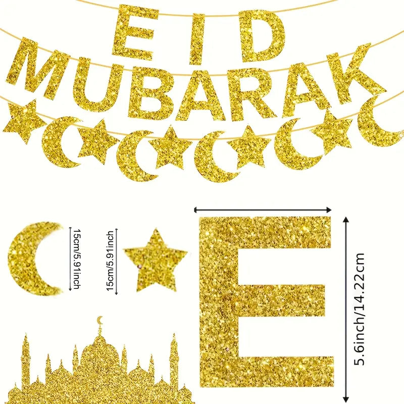 Eid Mubarak Gold Glitter Banner, Moon and Star Decor
