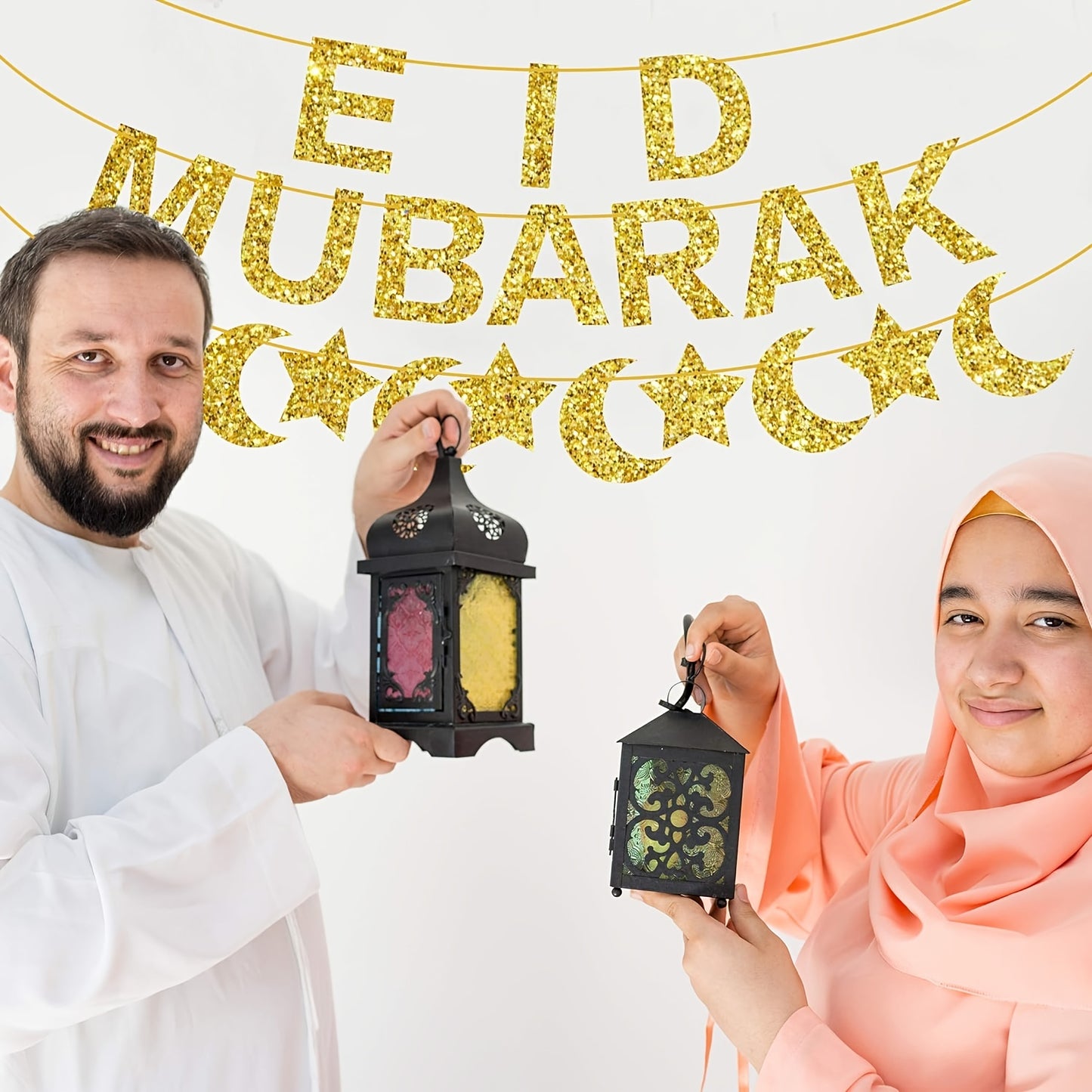Eid Mubarak Gold Glitter Banner, Moon and Star Decor
