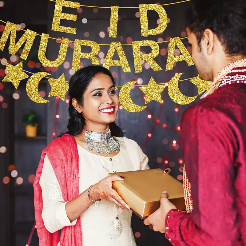 Eid Mubarak Gold Glitter Banner, Moon and Star Decor