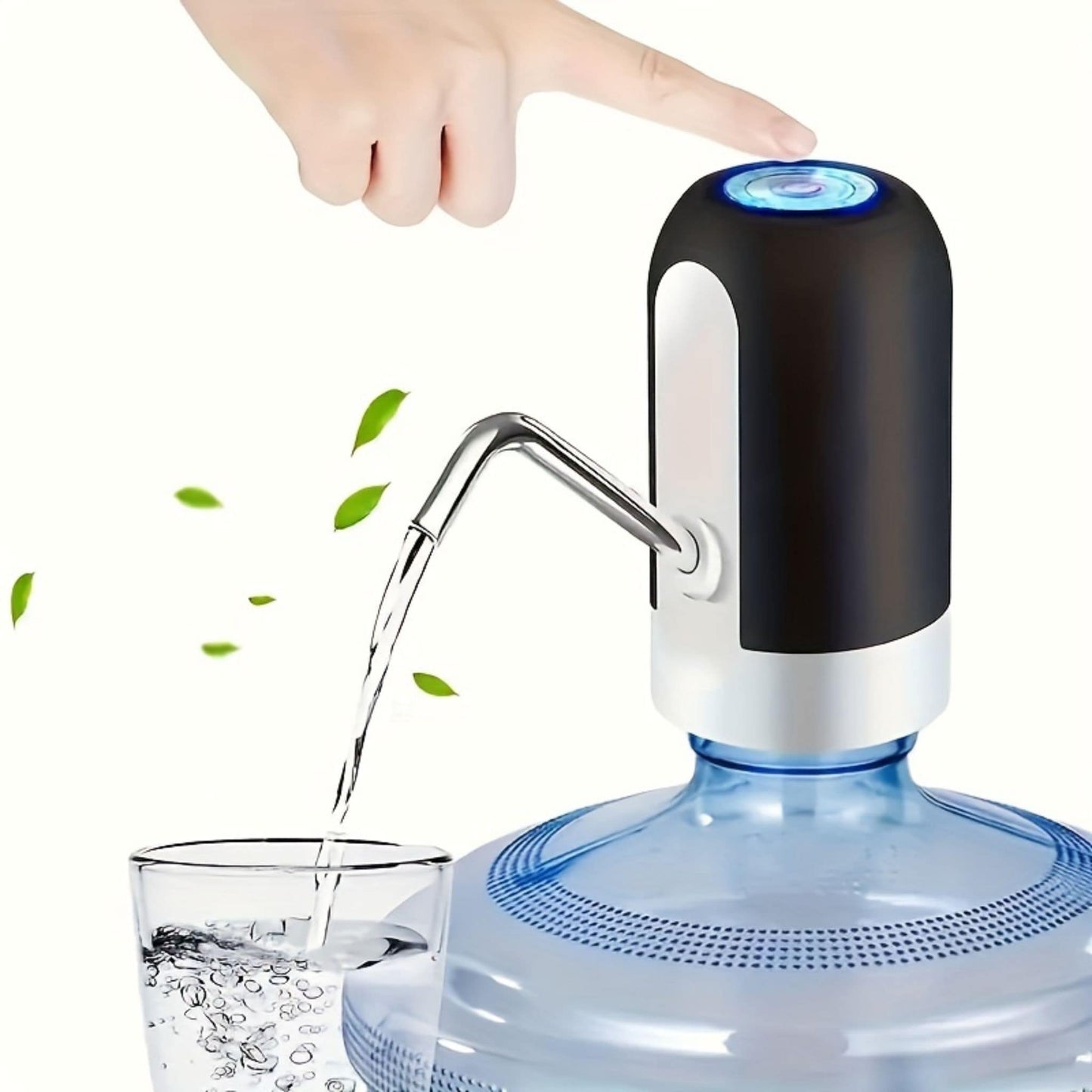 Black | This image displays the USB Rechargeable Automatic Water Dispensing Pump on 2-5 galloon jug with a hand pushing the button to dispense water