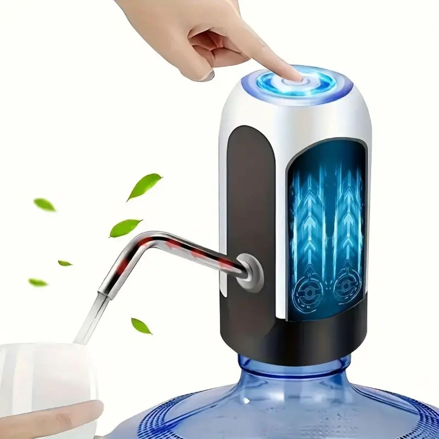 White | This image displays the USB Rechargeable Automatic Water Dispensing Pump on 2-5 galloon jug with a hand pushing the button to dispense water
