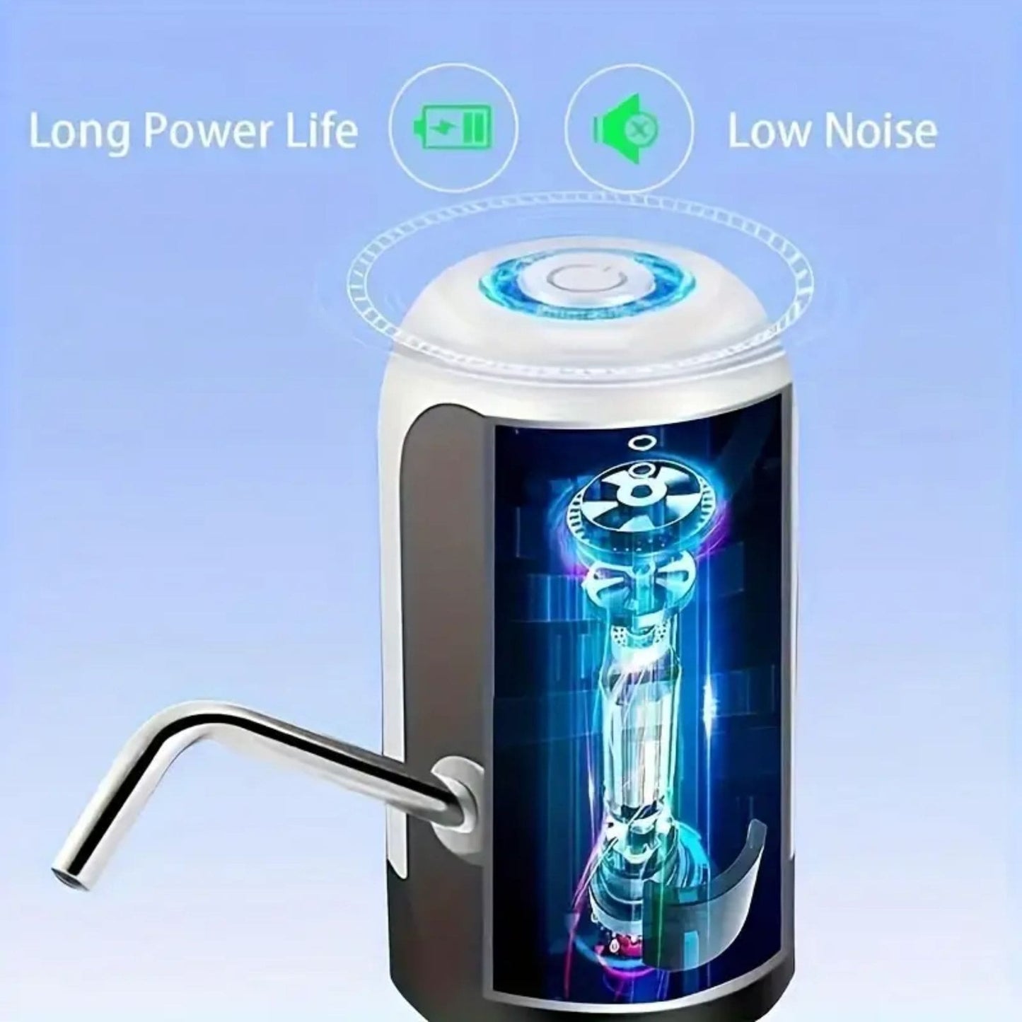 White | This image displays the USB Rechargeable Automatic Water Dispensing Pump on 2-5 galloon jug with a hand pushing the button to dispense water