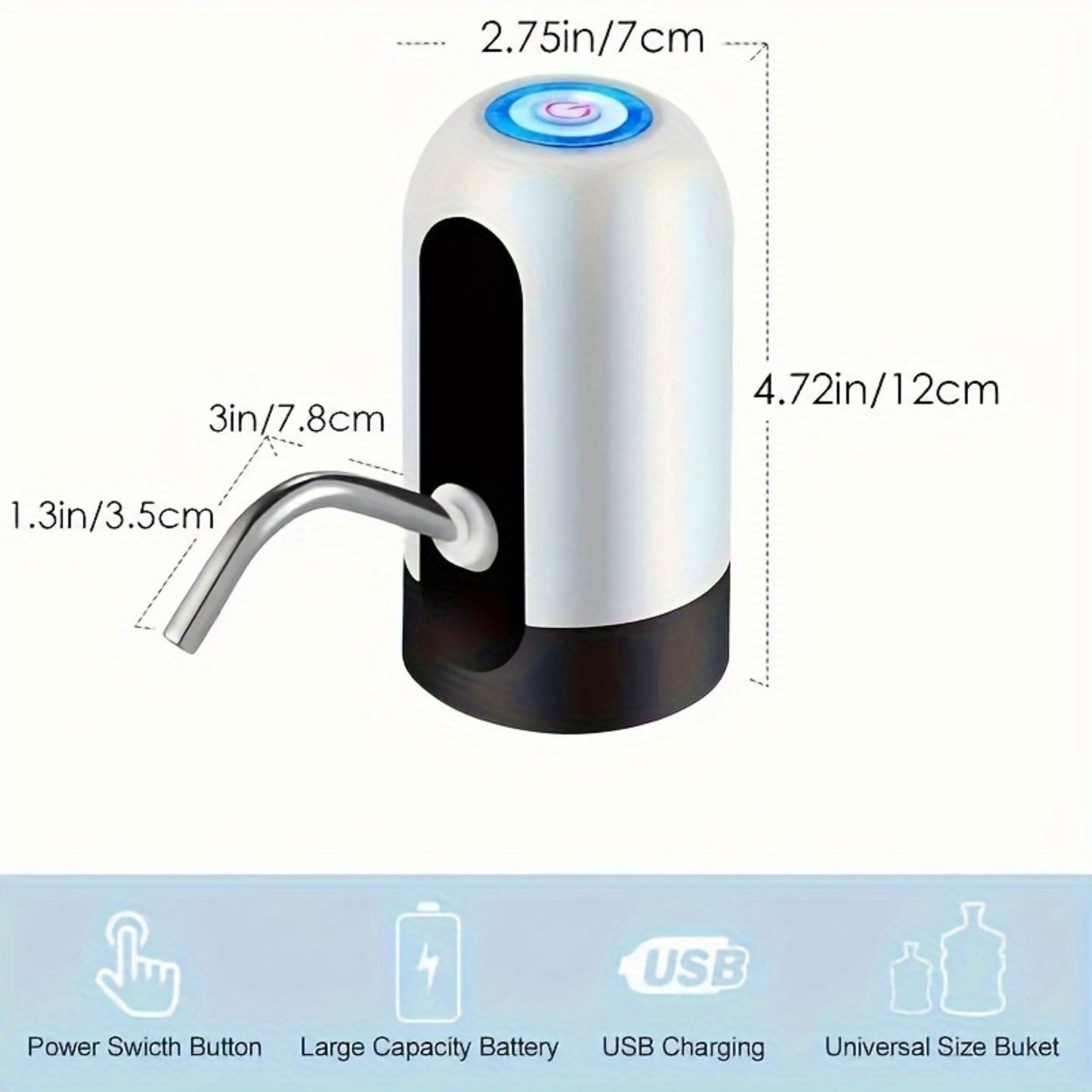 White | This image displays the USB Rechargeable Automatic Water Dispensing Pump on 2-5 galloon jug with a hand pushing the button to dispense water