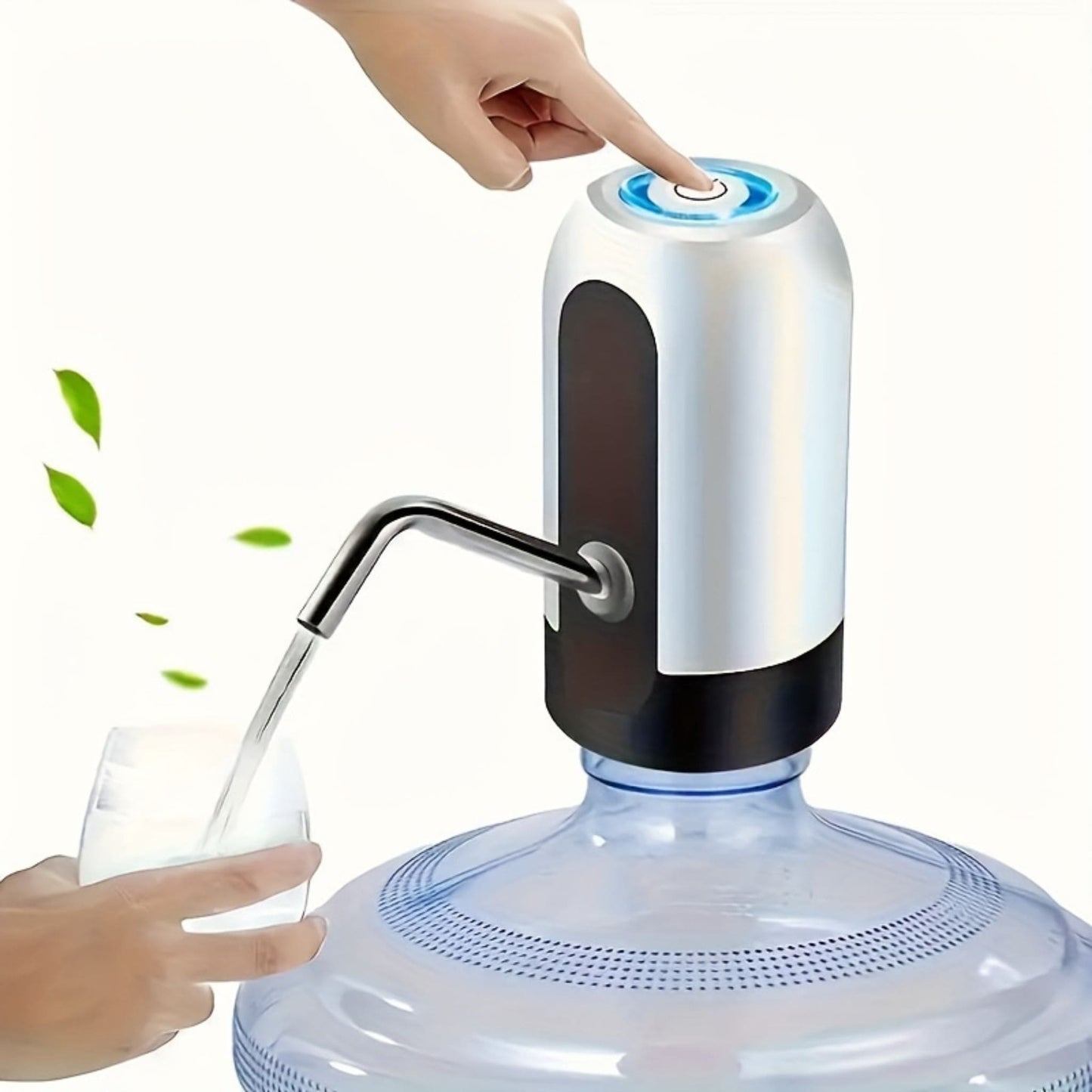 White | This image displays the USB Rechargeable Automatic Water Dispensing Pump on 2-5 galloon jug with a hand pushing the button to dispense water