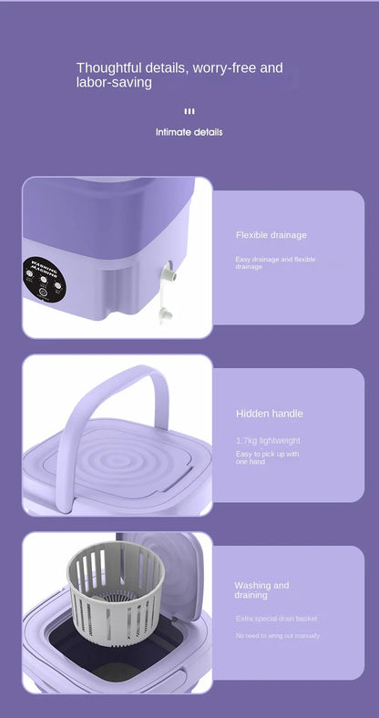 8L Portable Folding Washing Machine, Automatic Laundry, Purple