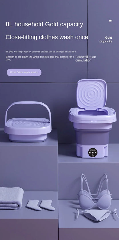 8L Portable Folding Washing Machine, Automatic Laundry, Purple