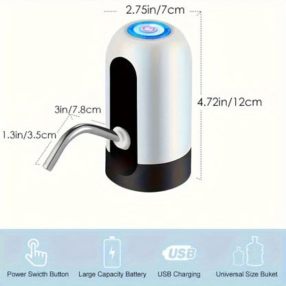 White | This image displays the USB Rechargeable Automatic Water Dispensing Pump on 2-5 galloon jug with a hand pushing the button to dispense water